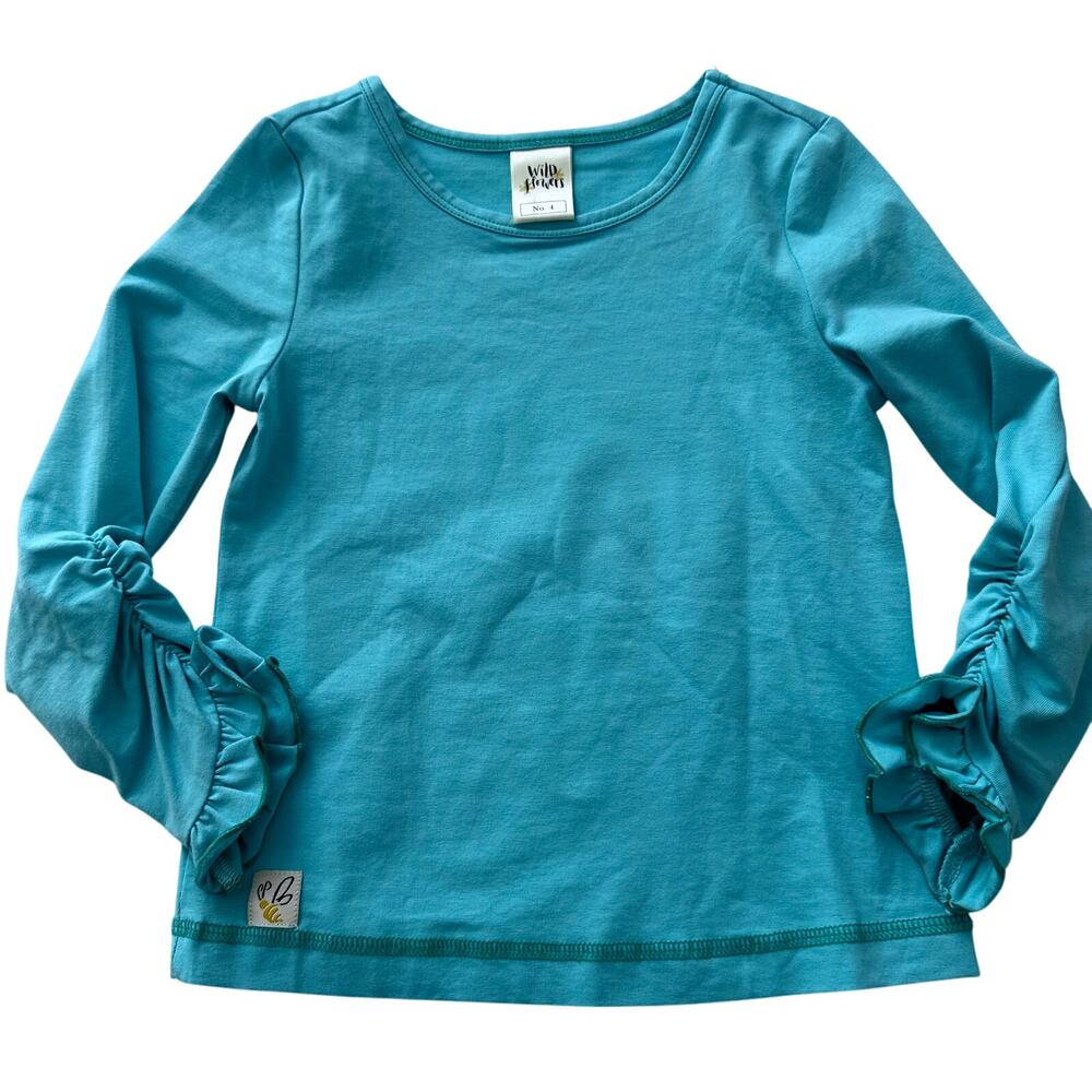 Wild Flowers Teal Long Sleeve Top with Ruched Sleeves - Size 4